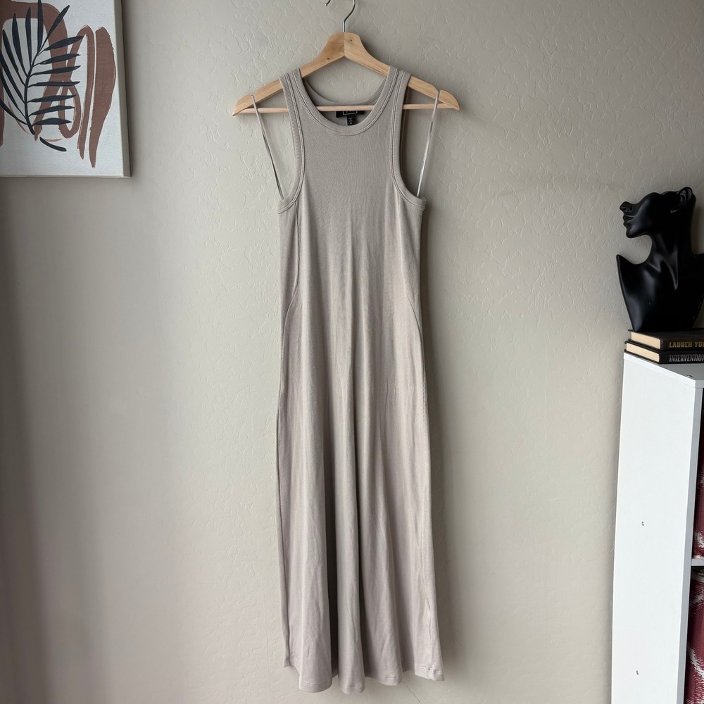 AYR Pima Cotton Ribbed Knit Midi Dress Taupe Beige Sleeveless Racerback XS